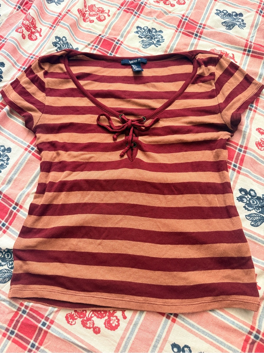 Forever 21 Burgundy and Rust Striped Lace-Up Scoop Short Sleeve Tee